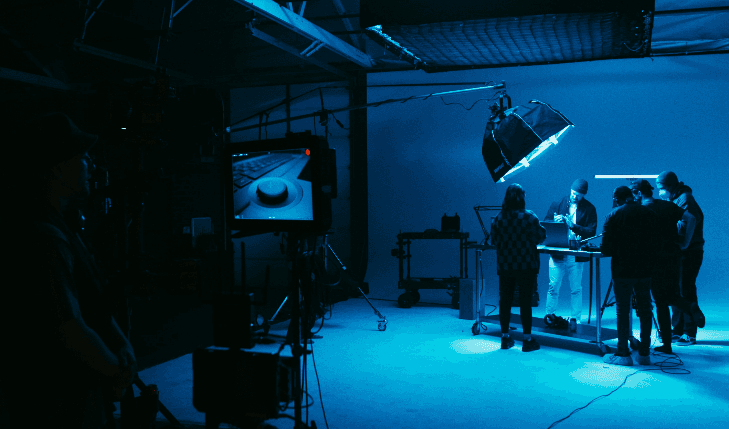 Studio team under blue light